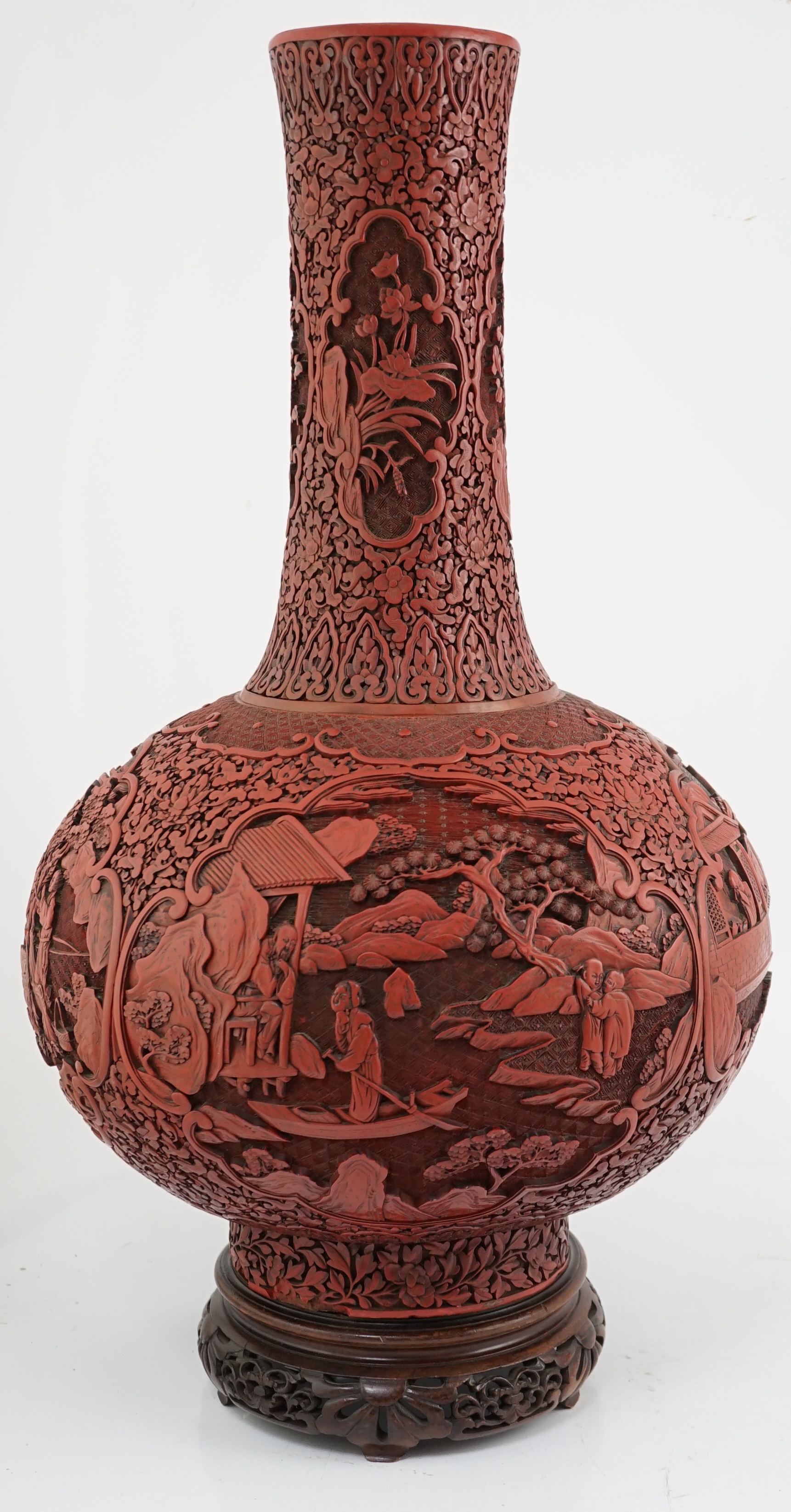 A large Chinese cinnabar lacquer bottle vase, 19th century, Some restoration